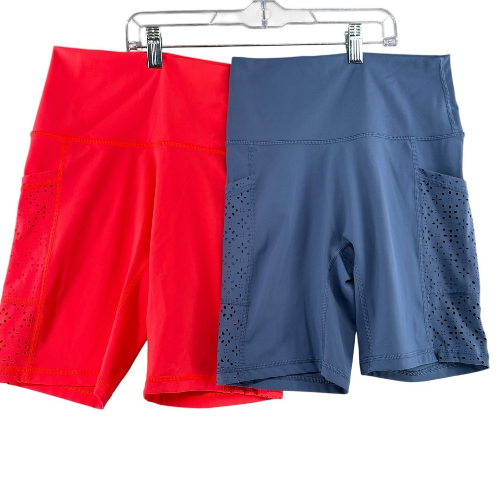 Aerie‎ Move Laser Cut Biker Shorts 6" Womens Size Medium Orange Blue Pockets